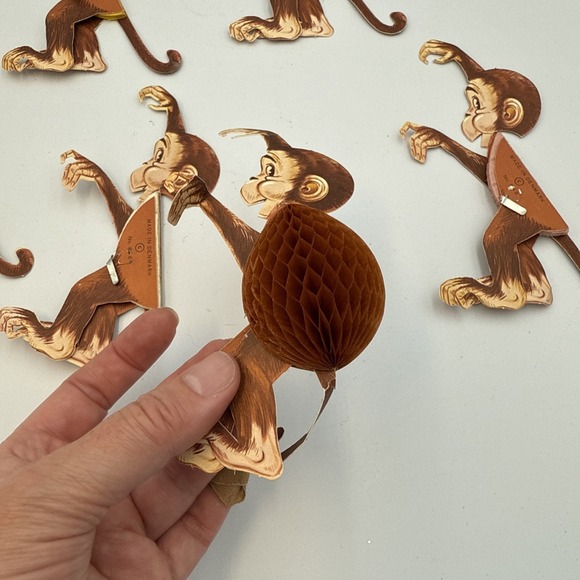 Vintage Lot Paper Monkey Honeycomb Decorations Lot Of 6 Made In Denmark 6" Tall - Picture 4 of 10